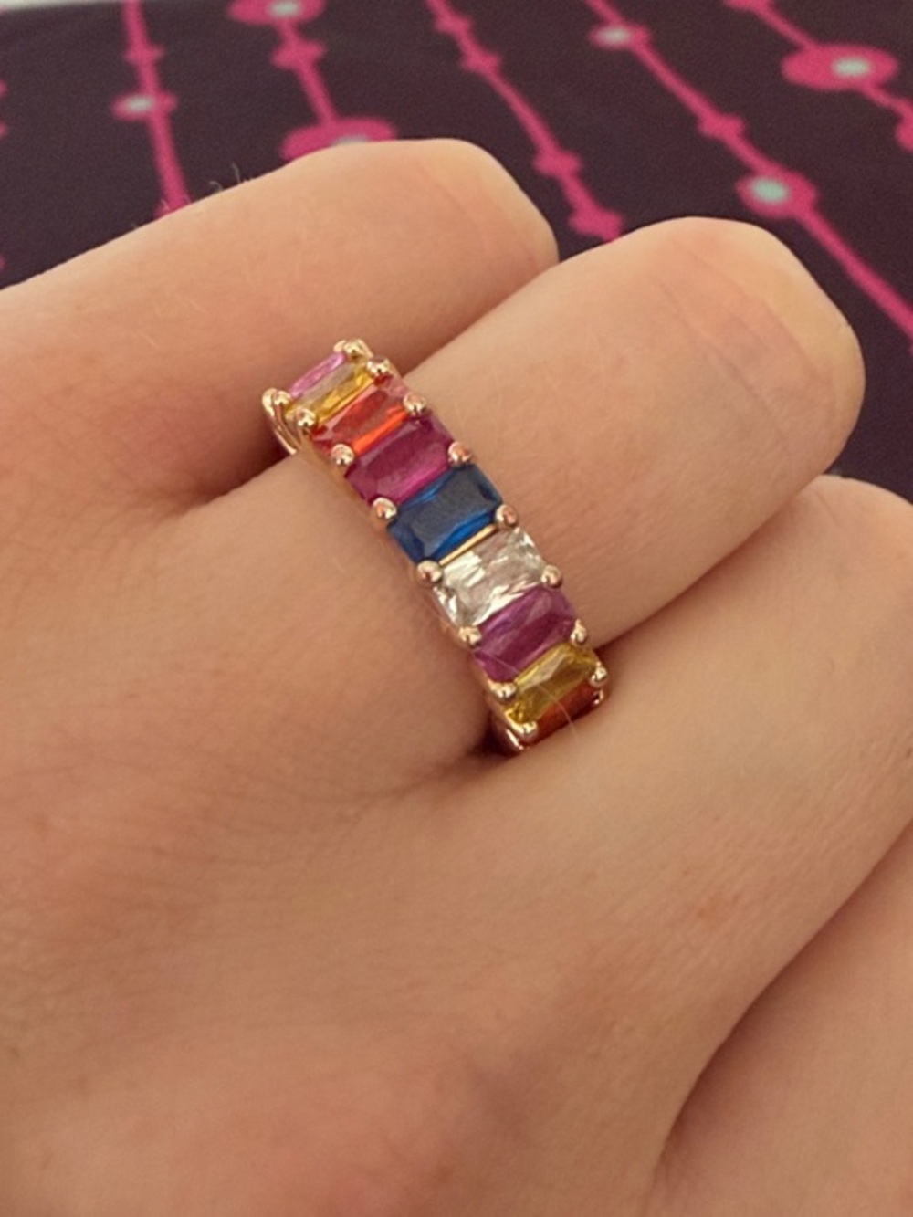 Gold-tone Multi-Stone Women's Ring in Pink, Blue, Yellow